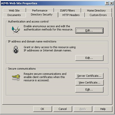 Directory Security tab of AIMS Web Site Properties dialog box displaying the Authentication and access control section at the top of the tab